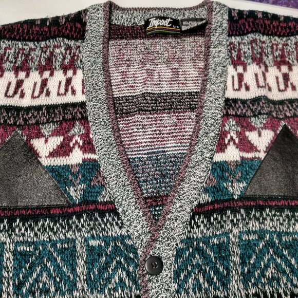 Vintage 1990s Impact Sweater Vest Men Large Gray Purple Geometric Leather Trim - Picture 6 of 16